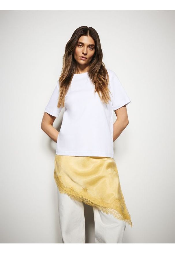 Reserved - T-shirt z bawełny merceryzowanej - biały. Kolor: biały. Materiał: bawełna