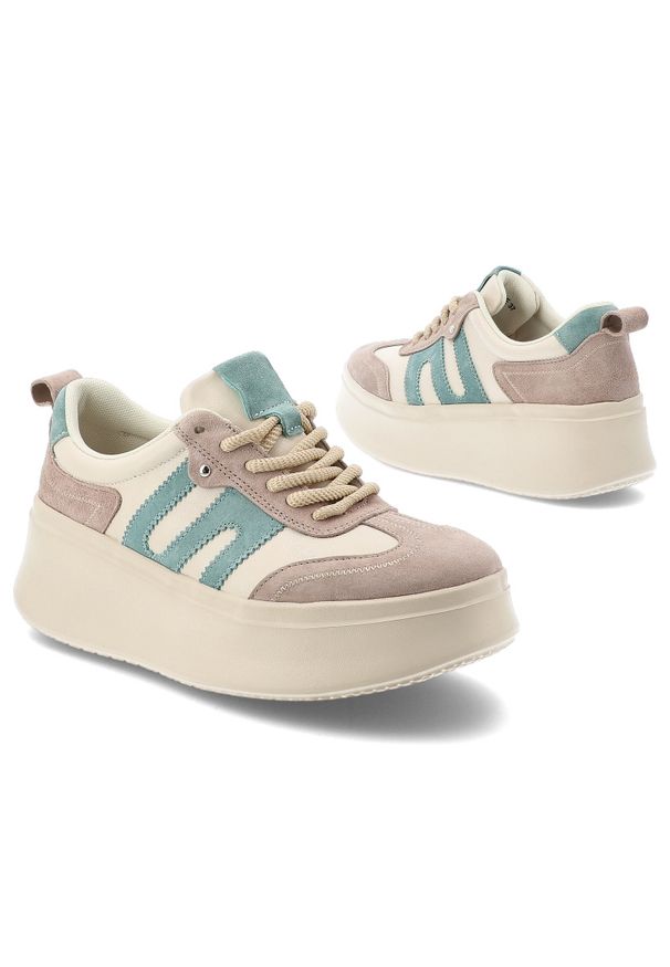 Sneakersy damskie Filippo, cholewka ze skóry naturalnej zamszowej z kontrastowymi panelami klasyczne sznurowanie masywna platformowa podeszwa, beżowe. Zapięcie: sznurówki. Kolor: beżowy. Materiał: skóra, zamsz. Szerokość cholewki: normalna