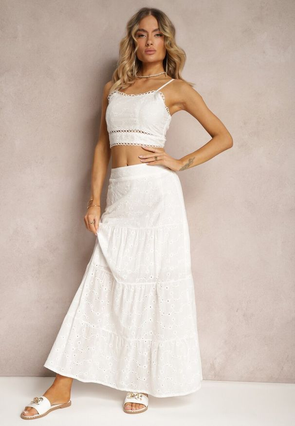 Renee - Biały Boho Komplet Top z Haftowanej Tkaniny Spódnica z Gumką w Talii i Falbanką Worpia. Kolor: biały. Materiał: tkanina. Wzór: haft