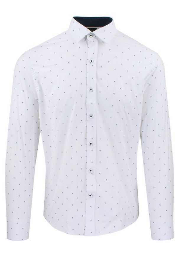 Męska Koszula, Taliowana (Slim Fit) - Rigon - Biała, Delikatny Wzór. Okazja: do pracy, na spotkanie biznesowe. Kolor: biały. Materiał: bawełna, poliester, elastan. Długość rękawa: długi rękaw. Długość: długie. Styl: wizytowy, elegancki, biznesowy