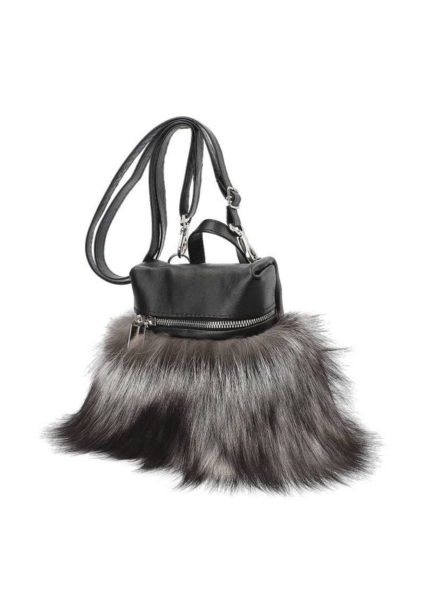 Czarno Szara Elegancka Torebka Luka-Pelli Plecaczek Z Naturalnym Futrem Z Lisa. Kolor: szary. Materiał: futrzane. Styl: elegancki. Rodzaj torebki: przez ramię