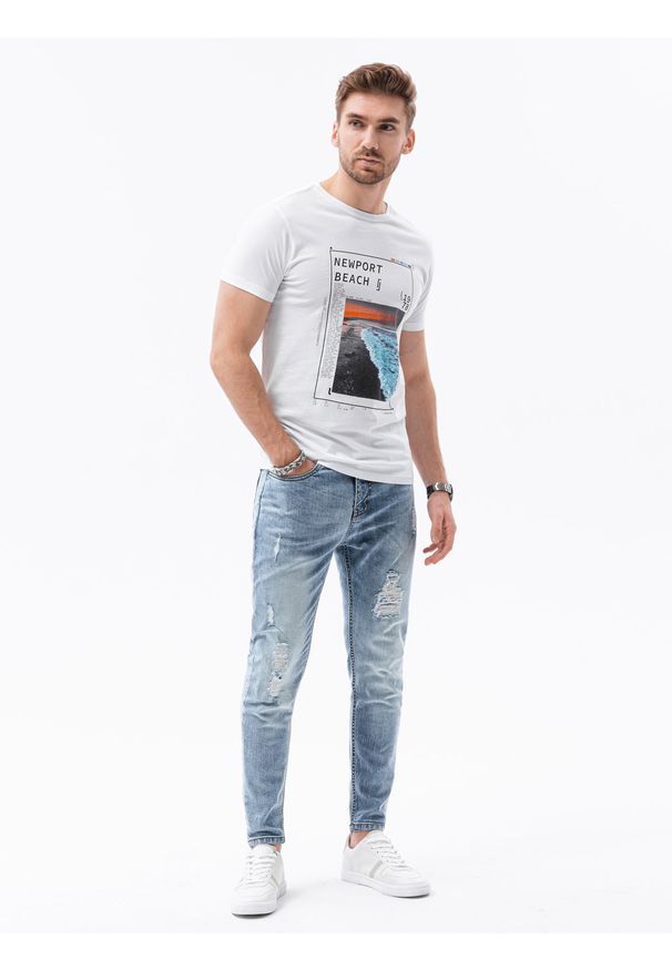 Ombre Clothing - T-shirt męski z nadrukiem S1434 V-15A - biały - XXL. Kolor: biały. Materiał: bawełna. Wzór: nadruk. Styl: klasyczny