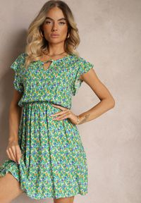 Renee - Zielona Sukienka z Bawełny z Gumką w Pasie i Falbanką Dimllea. Kolor: zielony. Materiał: bawełna. Sezon: lato #3