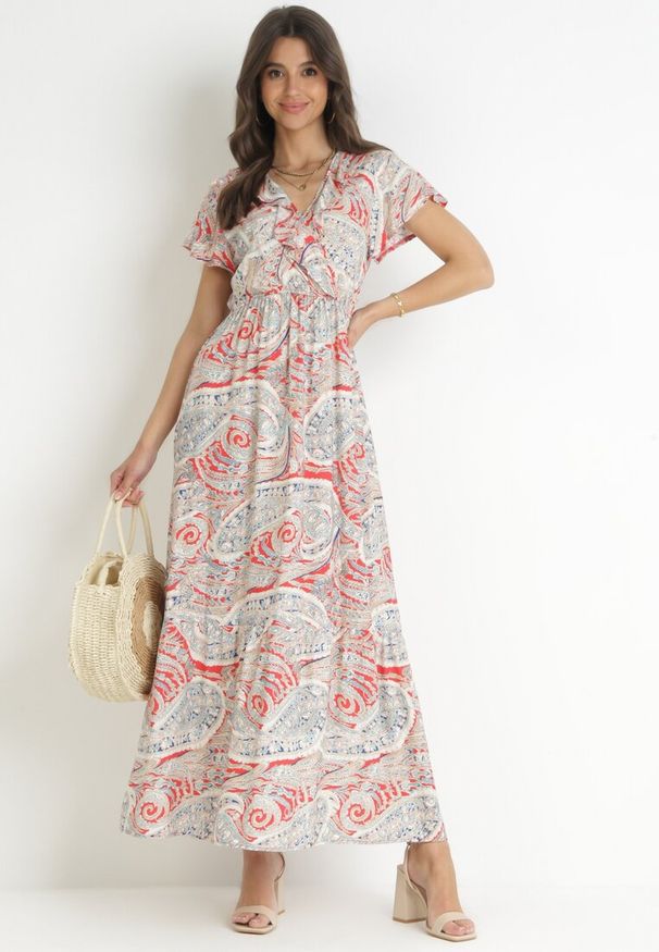 Born2be - Czerwona Sukienka z Wiskozy w Etno Wzór z Gumką w Talii Munira. Kolor: czerwony. Materiał: wiskoza. Styl: etno