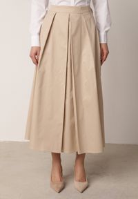 Born2be - Beżowa Rozkloszowana Spódnica z Bawełny z Szerokimi Plisami Malona. Okazja: na co dzień, do pracy. Kolor: beżowy. Materiał: bawełna. Styl: casual #7