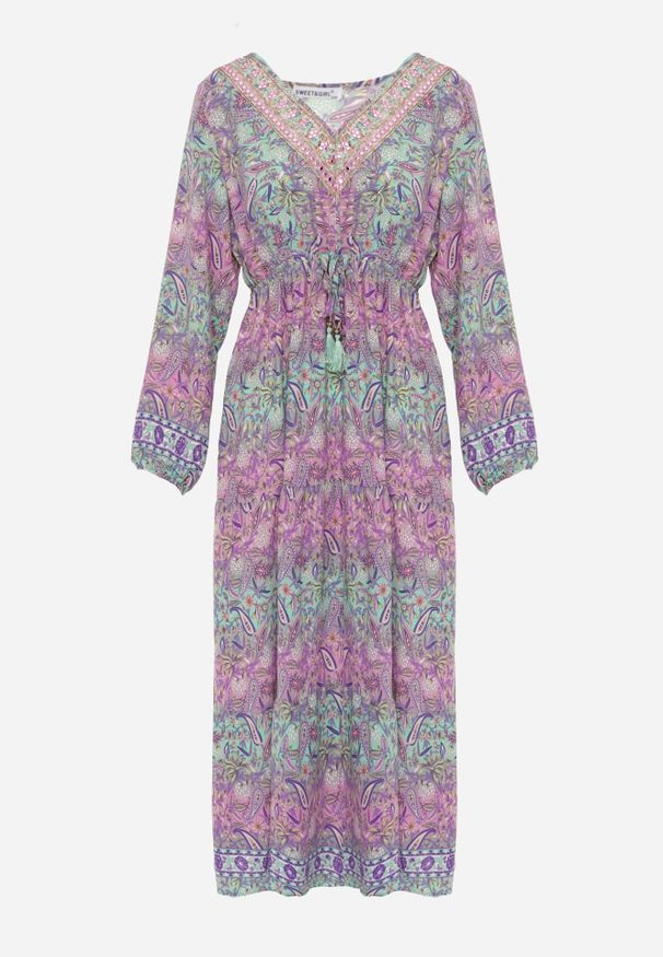 Renee - Różowa Sukienka z Dekoltem w V o Rozkloszowanym Fasonie w Print Paisley Akka. Okazja: na co dzień. Kolor: różowy. Materiał: skóra, zamsz. Wzór: nadruk, paisley. Styl: elegancki, casual