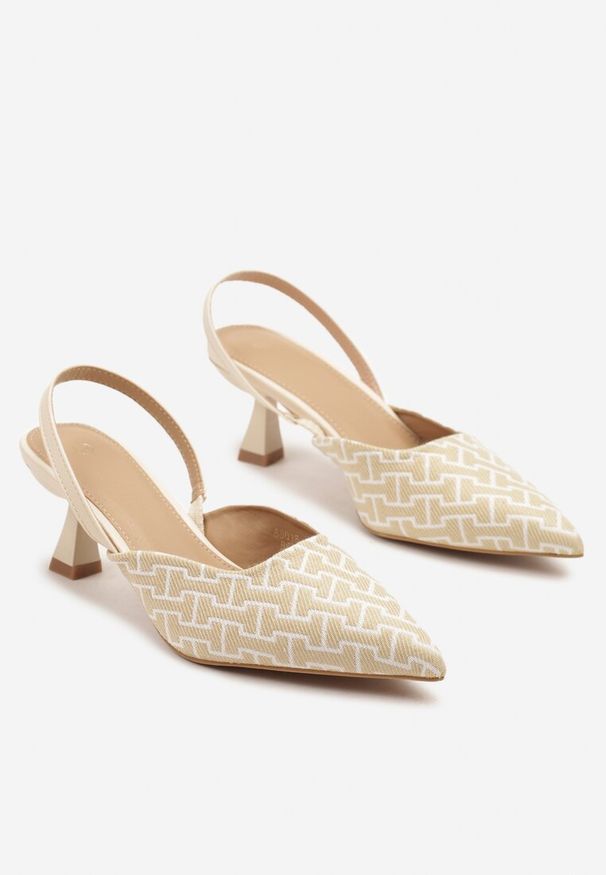 Renee - Beżowe Sandały na Kaczuszce z Geometrycznym Wzorem Arriretta. Okazja: na co dzień. Kolor: beżowy. Wzór: geometria. Obcas: na szpilce. Styl: elegancki, casual, klasyczny. Wysokość obcasa: średni
