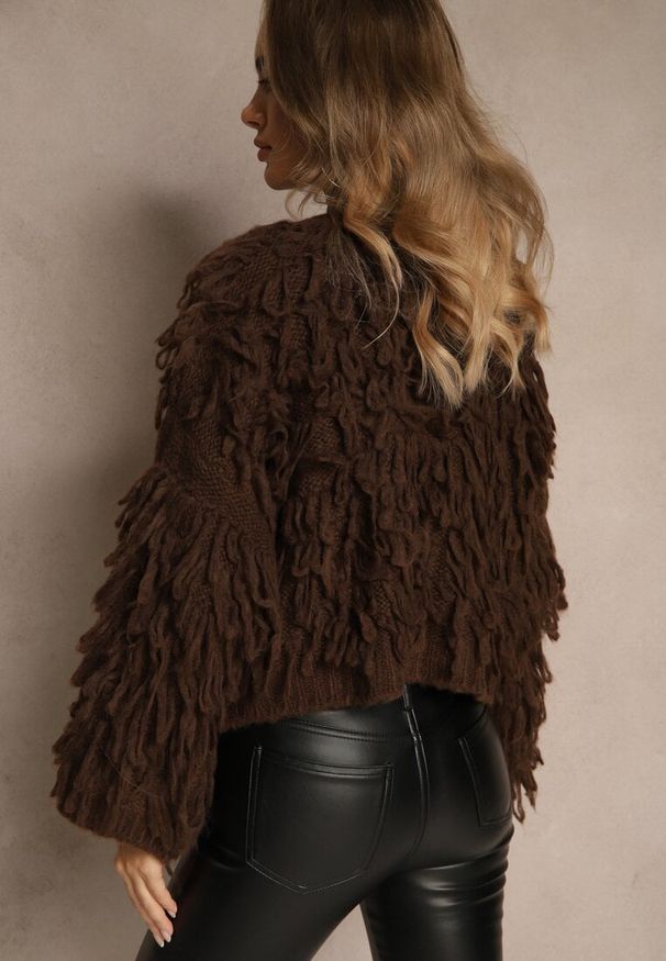 Renee - Brązowy Kardigan z Wiązaniem i Frędzlami z Domieszką Wełny i Wiskozy Tiseana. Okazja: na co dzień. Typ kołnierza: dekolt w serek. Kolor: brązowy. Materiał: wełna, wiskoza. Styl: casual