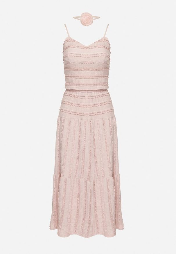 Born2be - Różowy Komplet Top na Ramiączkach Spódnica z Gumką w Pasie i Falbankami Choker z Różą Glina. Kolor: różowy. Wzór: aplikacja
