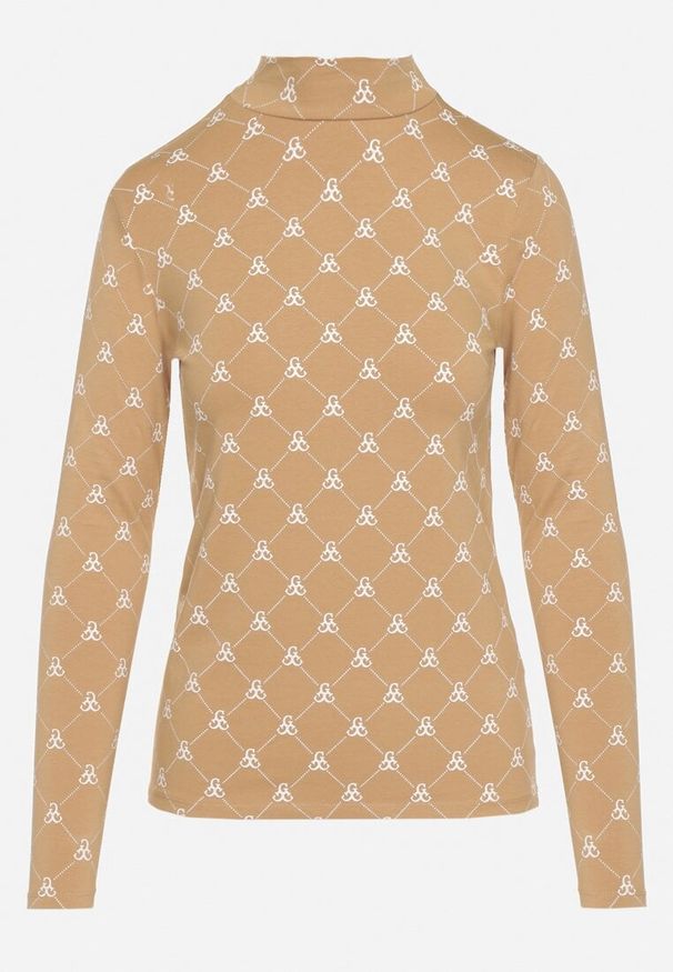 Born2be - Beżowa Bawełniana Bluzka z Półgolfem Typu Longsleeve z Geometrycznym Wzorem Tilianna. Okazja: na co dzień, na spotkanie biznesowe, do pracy, na imprezę. Kolor: beżowy. Materiał: bawełna. Długość rękawa: długi rękaw. Wzór: geometria. Styl: casual, biznesowy, elegancki, klasyczny