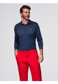 Ombre Clothing - Polo koszulka z długim rękawem zapinana na eleganckie, brandowane guziki – granatowa V3. Okazja: na co dzień. Typ kołnierza: polo. Kolor: niebieski. Materiał: nylon, elastan, skóra, dzianina. Długość rękawa: długi rękaw. Długość: długie. Styl: elegancki