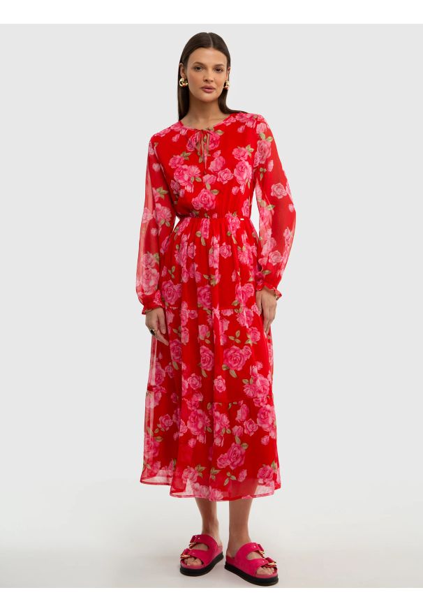 Big-Star - Sukienka damska midi z motywem kwiatowym czerwona Malini 603. Okazja: na co dzień. Kolor: czerwony. Materiał: materiał. Wzór: kwiaty. Typ sukienki: proste. Styl: casual, klasyczny. Długość: midi