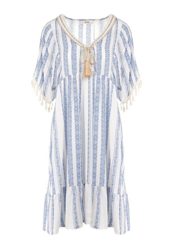 Born2be - Niebieska Sukienka Sophoreia. Kolor: niebieski. Długość rękawa: krótki rękaw. Wzór: aplikacja, paski. Typ sukienki: rozkloszowane. Styl: boho