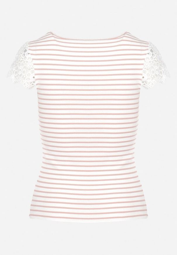 Born2be - Różowo-Biały Bawełniany T-shirt z Prążkowanej Dzianiny Ozdobiony Koronką Liasilo. Kolor: różowy. Materiał: bawełna, koronka, dzianina, prążkowany. Wzór: aplikacja, koronka. Sezon: lato