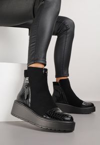 Born2be - Czarne Botki Vices na Koturnie i Platformie z Tłoczeniem Krokodyla Falarena. Okazja: na co dzień. Kolor: czarny. Materiał: jeans. Obcas: na koturnie. Styl: klasyczny, casual #6
