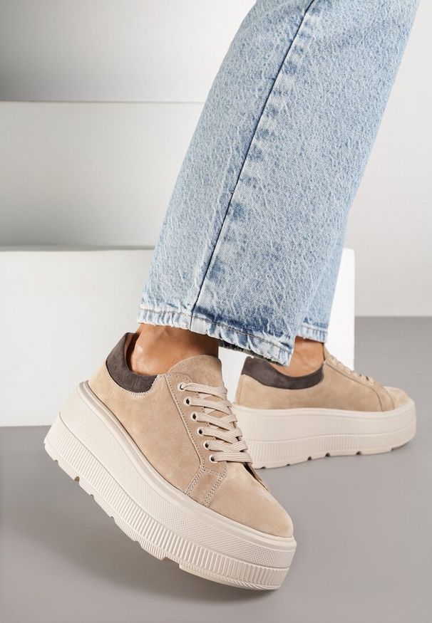 Born2be - Beżowe Zamszowe Sneakersy na Grubej Podeszwie Latella. Okazja: na co dzień. Kolor: beżowy. Materiał: zamsz