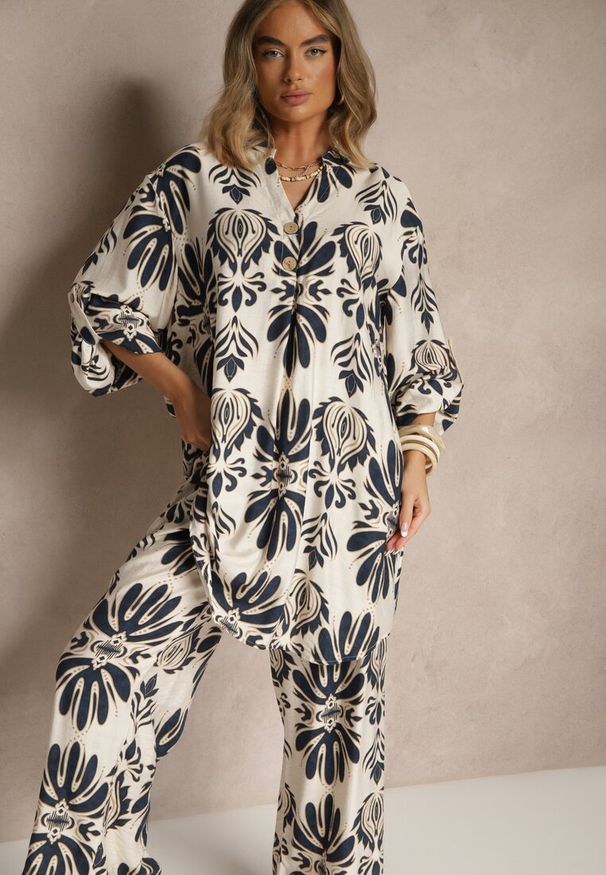 Renee - Niebieski Komplet z Wiskozą Spodnie o Szerokim Kroju i Długa Koszula Rinviela. Kolor: niebieski. Materiał: wiskoza