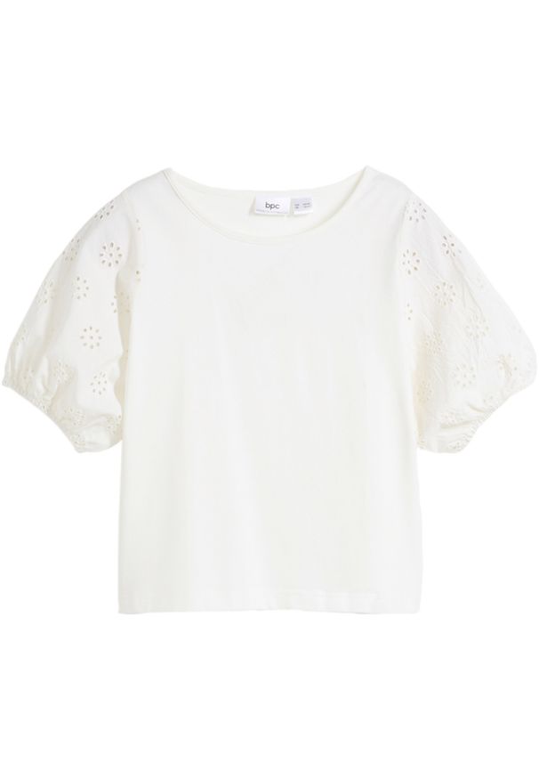 bonprix - Shirt dziewczęcy z dżerseju z bawełny organicznej. Kolor: biały. Materiał: bawełna, jersey. Wzór: ażurowy