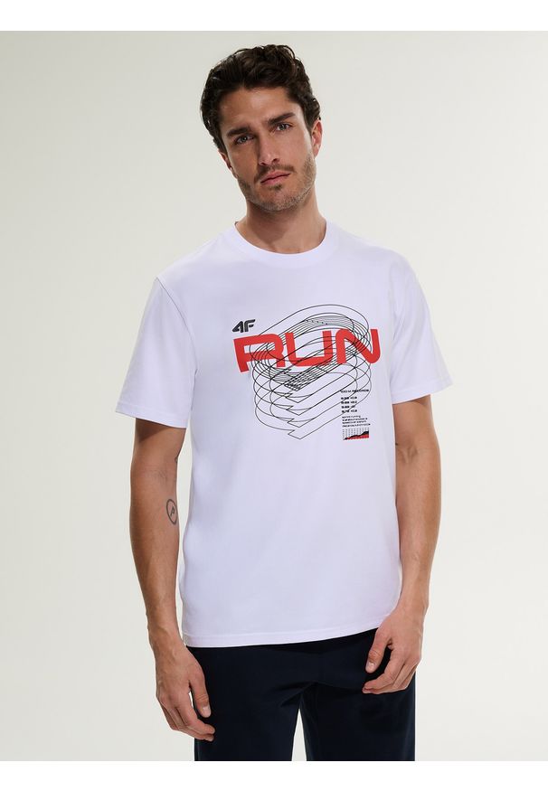4f - 4F T-shirt regular z nadrukiem męski - biały L. Okazja: na co dzień. Kolor: biały. Materiał: jeans, materiał, dresówka, bawełna. Wzór: nadruk. Styl: casual, klasyczny