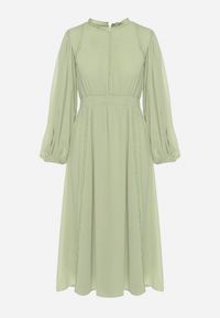 Born2be - Zielona Elegancka Sukienka Midi z Gumkami w Pasie i Ażurowymi Wstawkami Rouxia. Kolor: zielony. Wzór: ażurowy. Styl: elegancki. Długość: midi #7