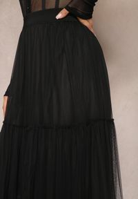 Renee - Czarna Bawełniana Tiulowa Spódnica Maxi o Rozkloszowanym Fasonie z Falbanami Amiela. Kolor: czarny. Materiał: bawełna, tiul. Wzór: aplikacja #4