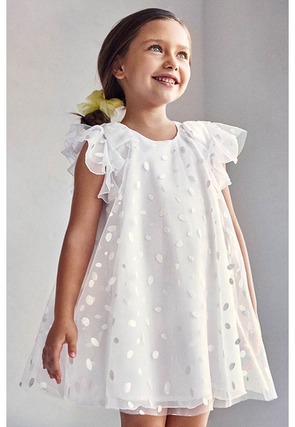 Mayoral - Sukienka dziecięca. Kolor: biały. Materiał: bawełna, materiał, tiul, tkanina, poliester. Długość rękawa: krótki rękaw. Typ sukienki: rozkloszowane. Długość: mini
