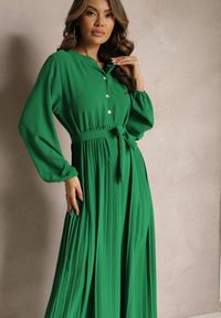 Renee - Zielona Rozkloszowana Sukienka Maxi Plisowana Wiązana w Pasie Terilla. Kolor: zielony. Materiał: materiał. Typ sukienki: koszulowe. Długość: maxi #4