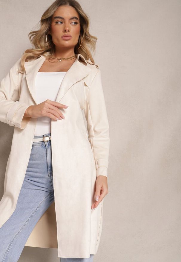 Renee - Kremowy Płaszcz Usinlenne. Okazja: na co dzień. Kolor: beżowy. Długość rękawa: długi rękaw. Długość: długie. Styl: casual