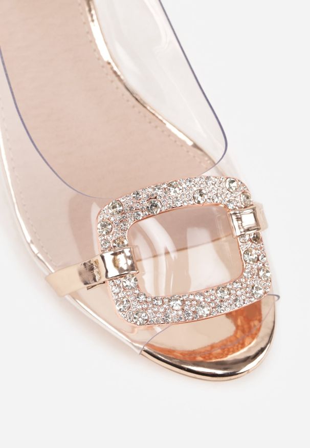 Renee - Szampańskie Eleganckie Sandały VICES z Transparentną Cholewką i Klamrą z Cyrkoniami Qinieth. Zapięcie: klamry. Kolor: złoty. Materiał: satyna. Obcas: na obcasie. Styl: elegancki. Wysokość obcasa: średni