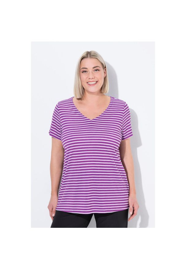 ULLA POPKEN - Damskie Koszulka funkcyjna prążkowanie klasyczny krój dekolt w serek rękaw 1/2. Typ kołnierza: dekolt w serek. Kolekcja: plus size. Kolor: fioletowy. Materiał: wiskoza, poliester, materiał. Sport: turystyka piesza