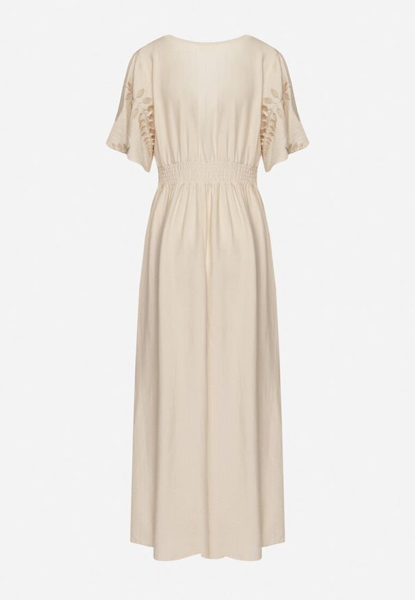 Born2be - Beżowa Wiskozowa Sukienka z Metalicznymi Haftami Helvesia. Okazja: na co dzień. Typ kołnierza: dekolt w kształcie V. Kolor: beżowy. Materiał: wiskoza. Wzór: haft. Styl: casual, elegancki