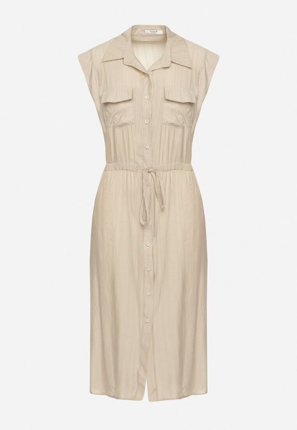 Born2be - Beżowa Wiskozowa Sukienka o Koszulowym Kroju z Paskiem w Talii Mareviana. Kolor: beżowy. Materiał: wiskoza. Typ sukienki: koszulowe. Styl: klasyczny