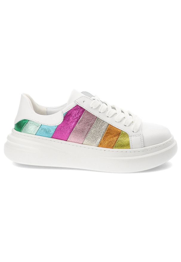 Białe Sneakersy Armodo Sportowe Obuwie Damskie. Okazja: na co dzień. Zapięcie: pasek. Kolor: biały. Materiał: skóra. Wzór: paski, kolorowy. Styl: sportowy
