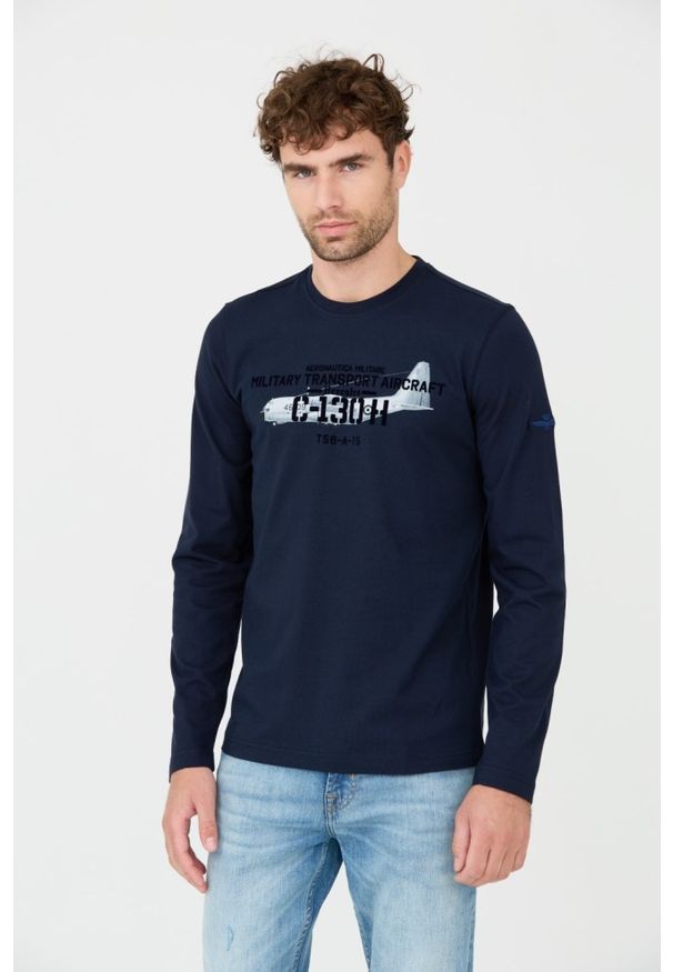 Aeronautica Militare - AERONAUTICA MILITARE Granatowy męski longsleeve bawełniany, Rozmiar M. Kolor: niebieski. Materiał: bawełna. Długość rękawa: długi rękaw