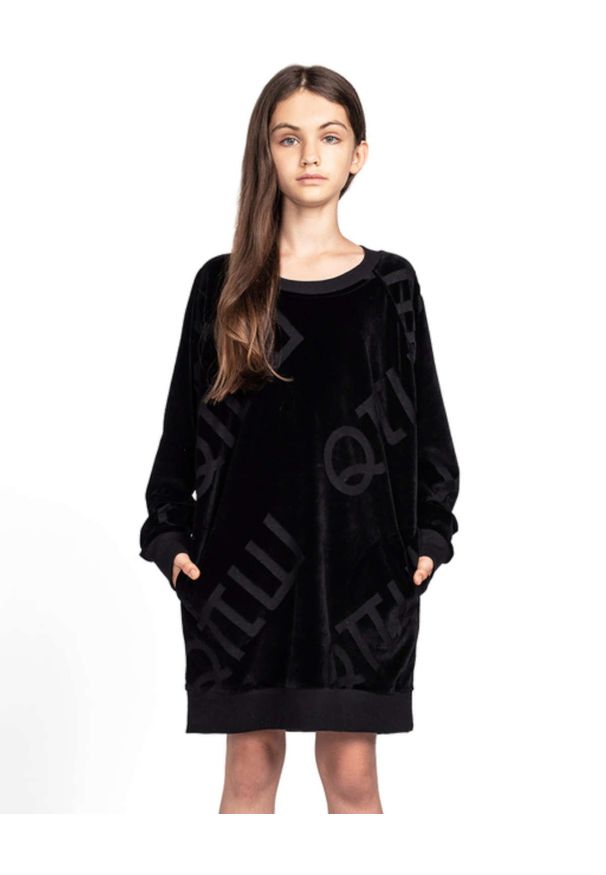 ROBERT KUPISZ - Czarna sukienka Kids Velvet Logo. Kolor: czarny. Materiał: welur, tkanina. Długość rękawa: długi rękaw. Typ sukienki: oversize