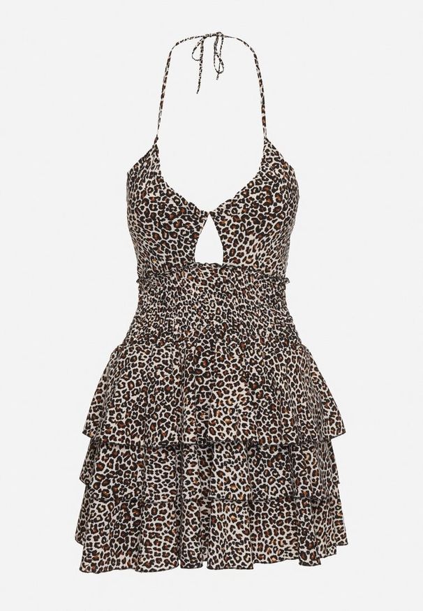 Born2be - Czarno-Biała Sukienka w Cętki Wiązana na Szyi z Falbankami Filanne. Okazja: na co dzień. Typ kołnierza: kołnierz z falbankami. Kolor: czarny. Styl: casual, elegancki