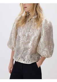 Reserved - Błyszcząca koszula z bufkami - srebrny. Kolor: srebrny. Materiał: tkanina #1