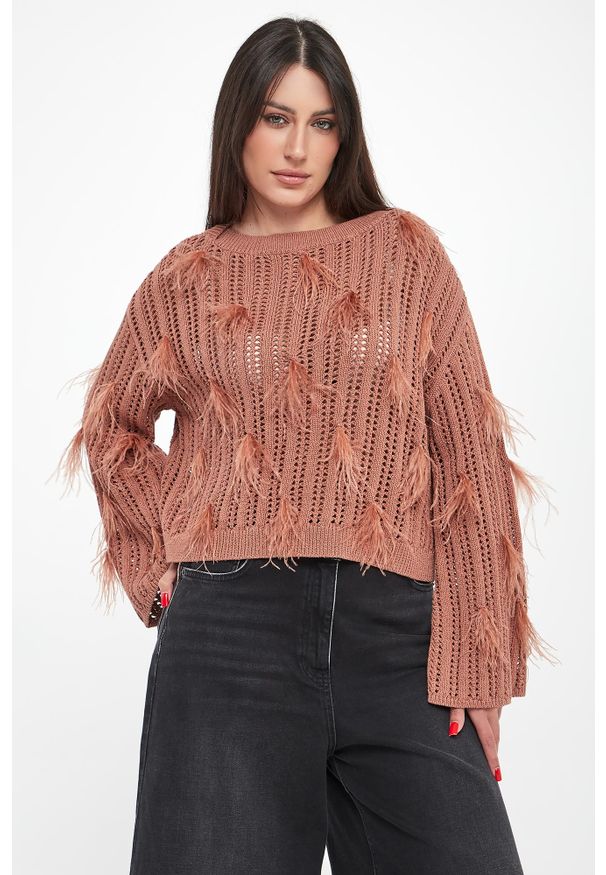 Twinset Milano - Sweter damski ażurowy z piórkami TWINSET. Wzór: ażurowy