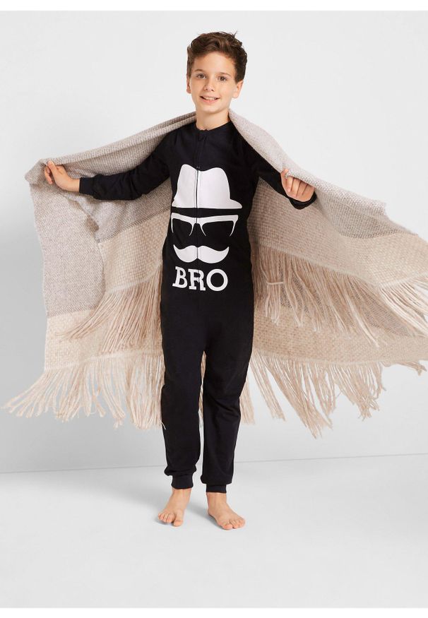 bonprix - Piżama jednoczęściowa z miękką, bawełną organiczną. Kolor: czarny. Materiał: bawełna. Wzór: nadruk, aplikacja