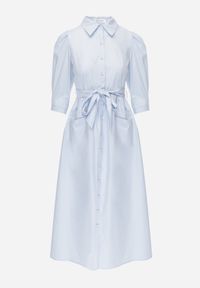 Born2be - Niebieska Rozkloszowana Sukienka Koszulowa w Stylu Retro z Bawełny z Wiązaniem Cirire. Okazja: na co dzień. Kolor: niebieski. Materiał: bawełna. Typ sukienki: koszulowe. Styl: retro #6