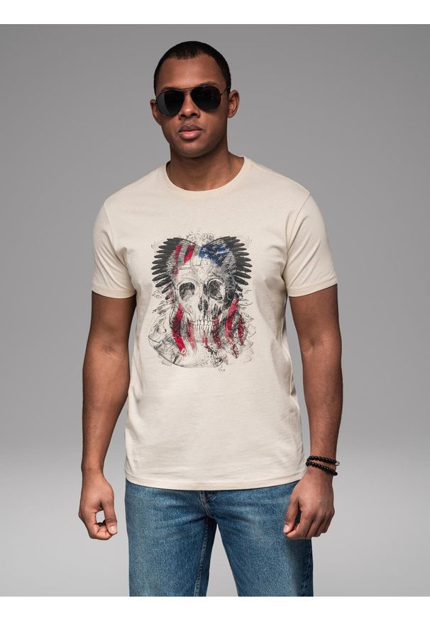 Ombre Clothing - Bawełniany t-shirt męski z nadrukiem w stylu rockowym – kremowy V1 OM-TSPT-0199 - XXL. Kolor: kremowy. Materiał: bawełna. Wzór: nadruk. Styl: rockowy