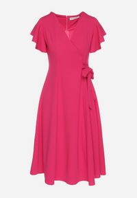 Born2be - Fuksjowa Rozkloszowana Sukienka Kopertowa z Wiązaniem w Talii Dannila. Kolor: różowy. Wzór: aplikacja. Typ sukienki: kopertowe #3