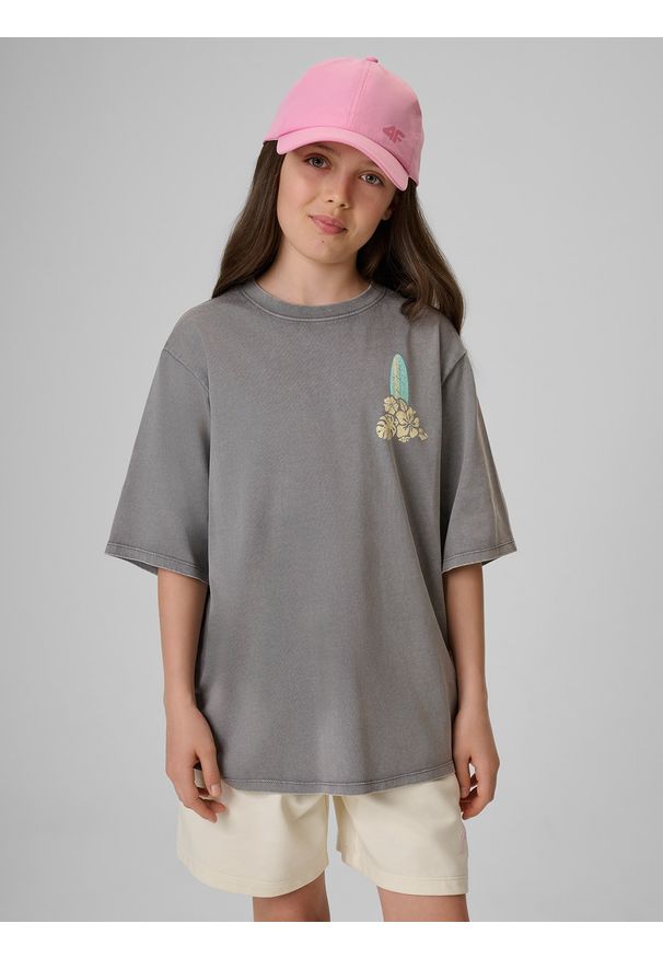 4f - 4F T-shirt loose z nadrukiem dziewczęcy - szary 134/140 (8-10 lat). Okazja: na co dzień. Kolor: szary. Materiał: materiał, bawełna, dresówka, dzianina, skóra. Wzór: nadruk. Sezon: lato. Styl: klasyczny, casual