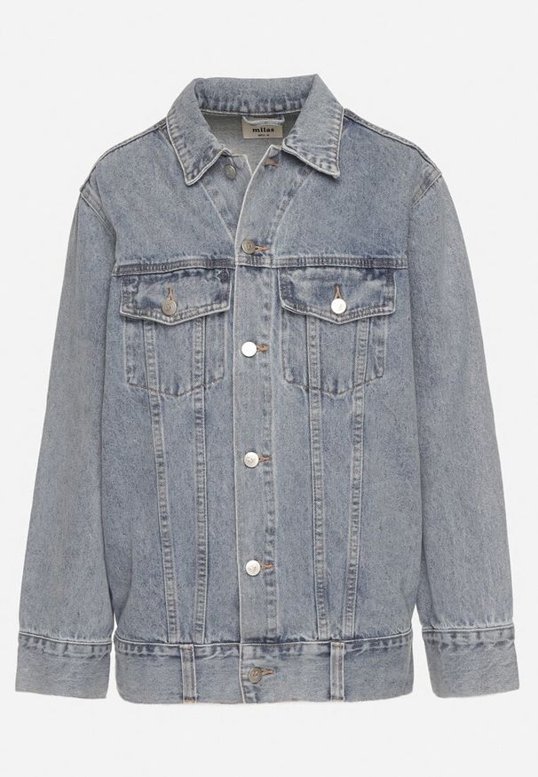 Born2be - Niebieska Kurtka Jeansowa o Klasycznym Kroju Anlarra. Okazja: na co dzień. Kolor: niebieski. Materiał: jeans. Wzór: grochy. Styl: klasyczny