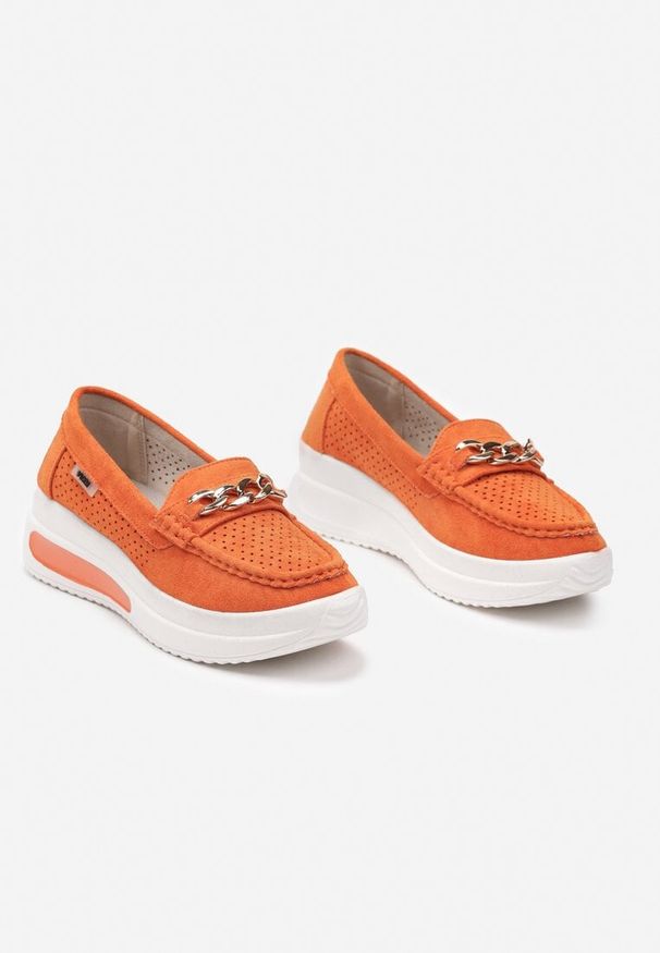 Born2be - Pomarańczowe Mokasyny z Łańcuszkiem i Platformą Grimenna. Kolor: pomarańczowy. Materiał: jeans. Sezon: wiosna. Obcas: na platformie. Styl: elegancki