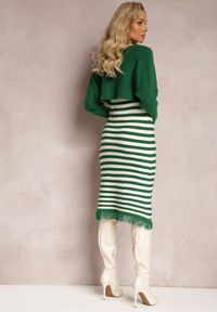 Renee - Zielony Komplet 2-Częściowy Sukienka w Paski i Kardigan Krótki na Guziki Orivela. Kolor: zielony. Wzór: paski
