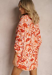 Renee - Pomarańczowy Dwuczęściowy Komplet Koszula z Długim Podpinanym Rękawem Szorty z Gumką w Talii Bellafaie. Kolor: pomarańczowy. Materiał: tkanina #5