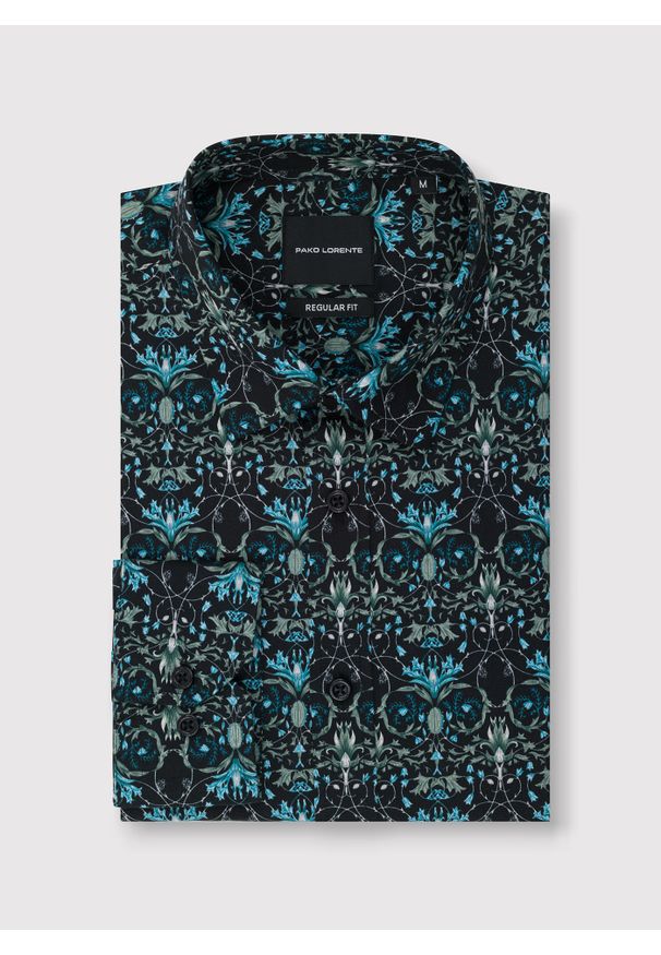 Pako Lorente - PAKO LORENTE - Czarna koszula w turkusowe kwiaty. Kolor: wielokolorowy, turkusowy, czarny. Materiał: bawełna, elastan. Długość rękawa: długi rękaw. Długość: długie. Wzór: kwiaty