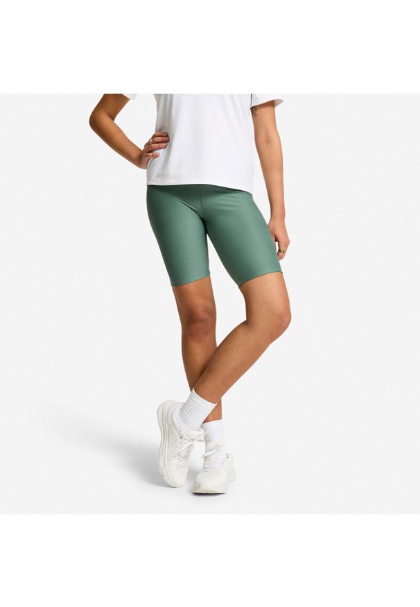 DOMYOS - Legginsy fitness damskie Domyos krótkie. Kolor: zielony. Materiał: poliester, elastan, materiał. Długość: krótkie. Sport: fitness