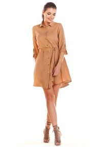 Infinite You - Sukienka koszulowa asymetryczna szmizjerka z paskiem beżowa. Okazja: na co dzień, do pracy. Kolor: beżowy. Materiał: elastan, materiał. Długość rękawa: długi rękaw. Typ sukienki: szmizjerki, asymetryczne, koszulowe. Styl: casual, elegancki #1